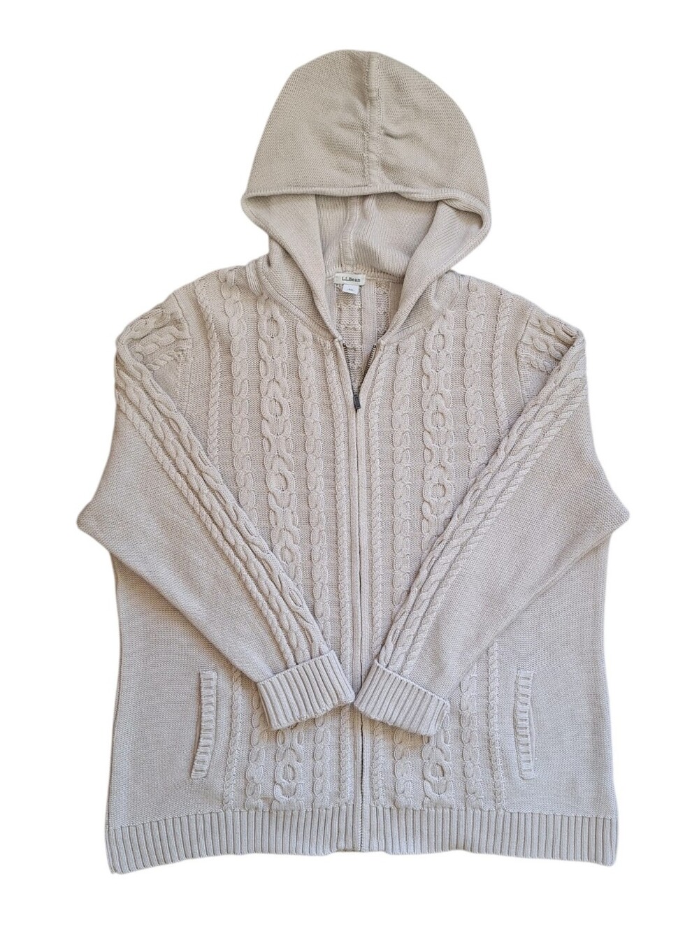 L.L.Bean Men’s XXL 100% Cotton Cable Knit Hooded Full Zip Sweater
